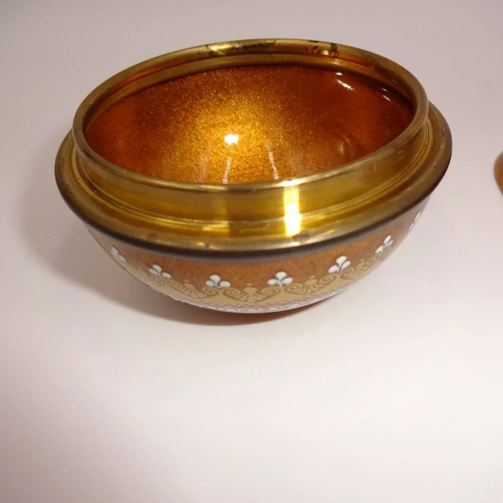 Enamel Steinbock Email Round Trinket Box & Square Tray Gold White Flowers Woman